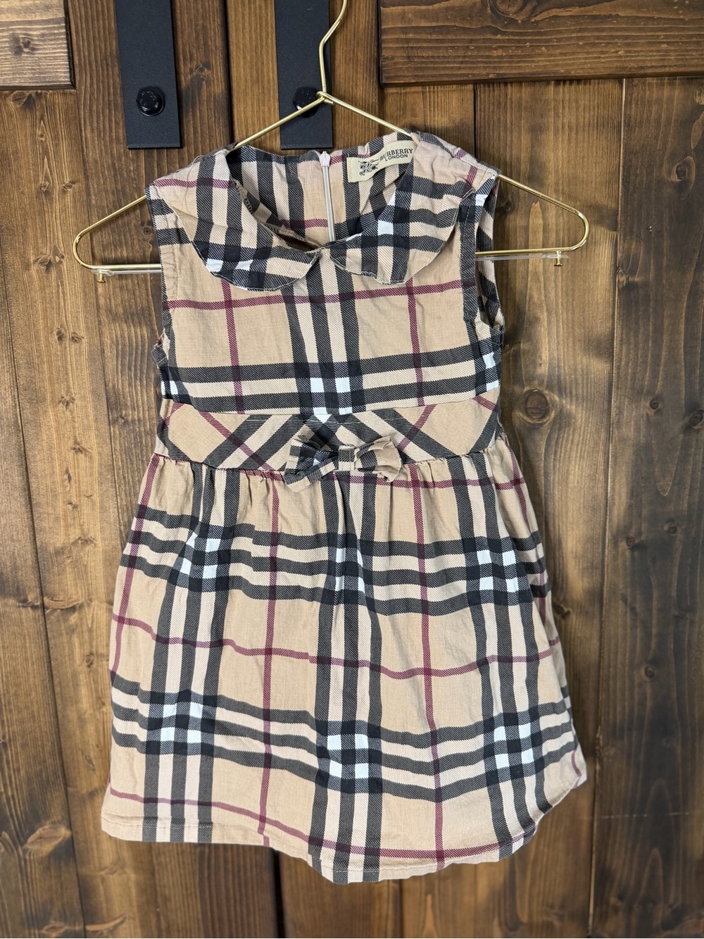 Burberry Tan Plaid Sleeveless Cotton Dress with Bow